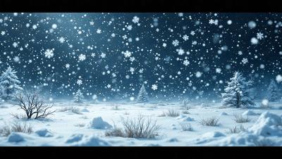 The primary subject of the image is a snowy landscape with a night sky filled with snowflakes. The setting is a snow-covered field with a few trees in the background. The visual style is a digital art or illustration, creating a serene and peaceful atmosphere. The dominant colors are white and blue, with the snowflakes adding a touch of white to the scene.
